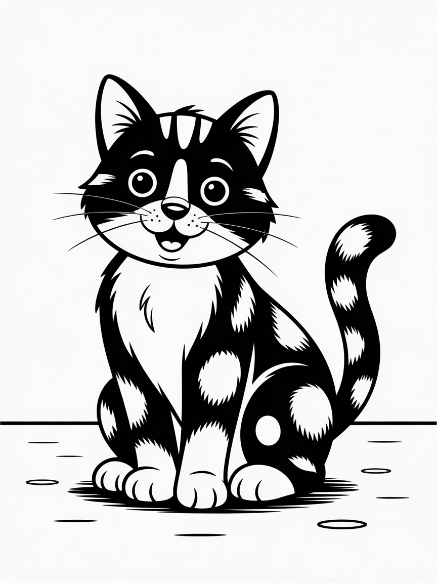A cat mostly black but white on her chin and belly and all 4 legs look like they have white socks on them - Free Coloring Page