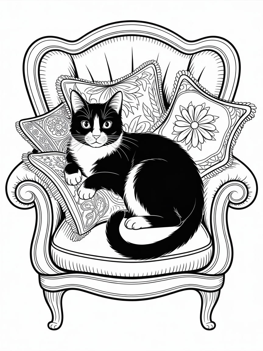 A cat mostly black but white only on her chin not between her eyes and belly and all 4 legs look like they have white socks on them - Free Coloring Page