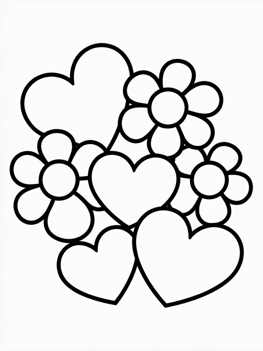 Simple hearts and flowers - Free Coloring Page