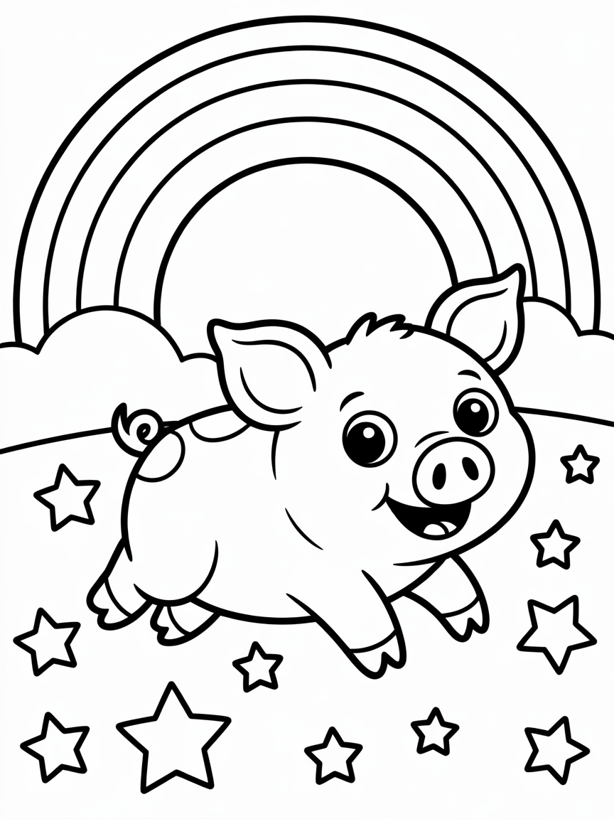 Moon pig frolicking in a starry sky with rainbow - Free Coloring Page