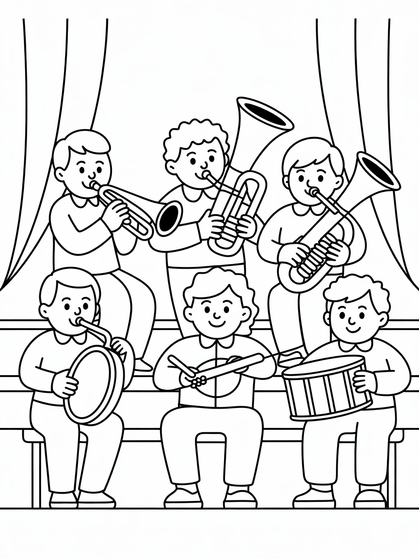 Brass band sitting on a stage with a conductor - Free Coloring Page
