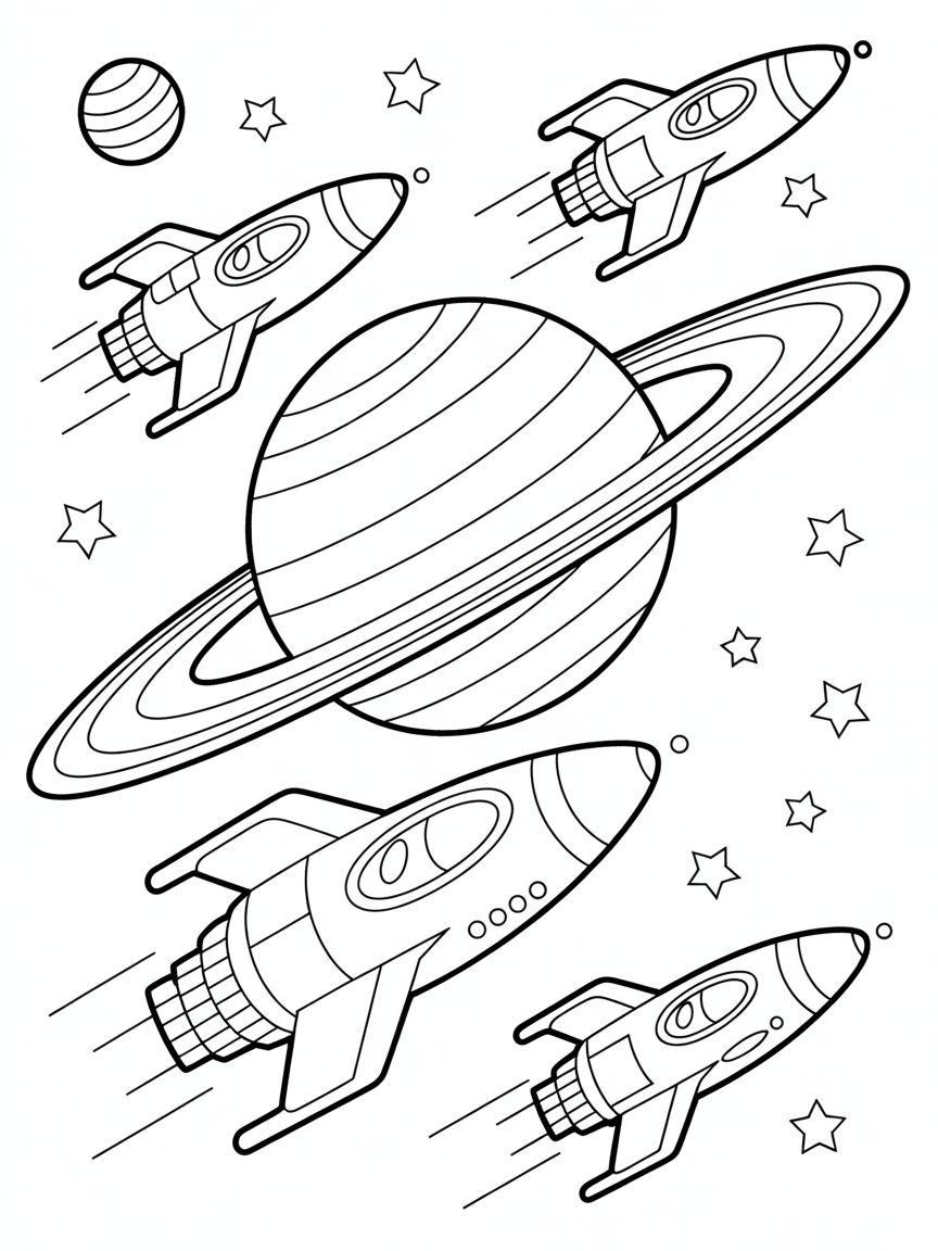 Spaceship race around Saturn's rings - Free Coloring Page