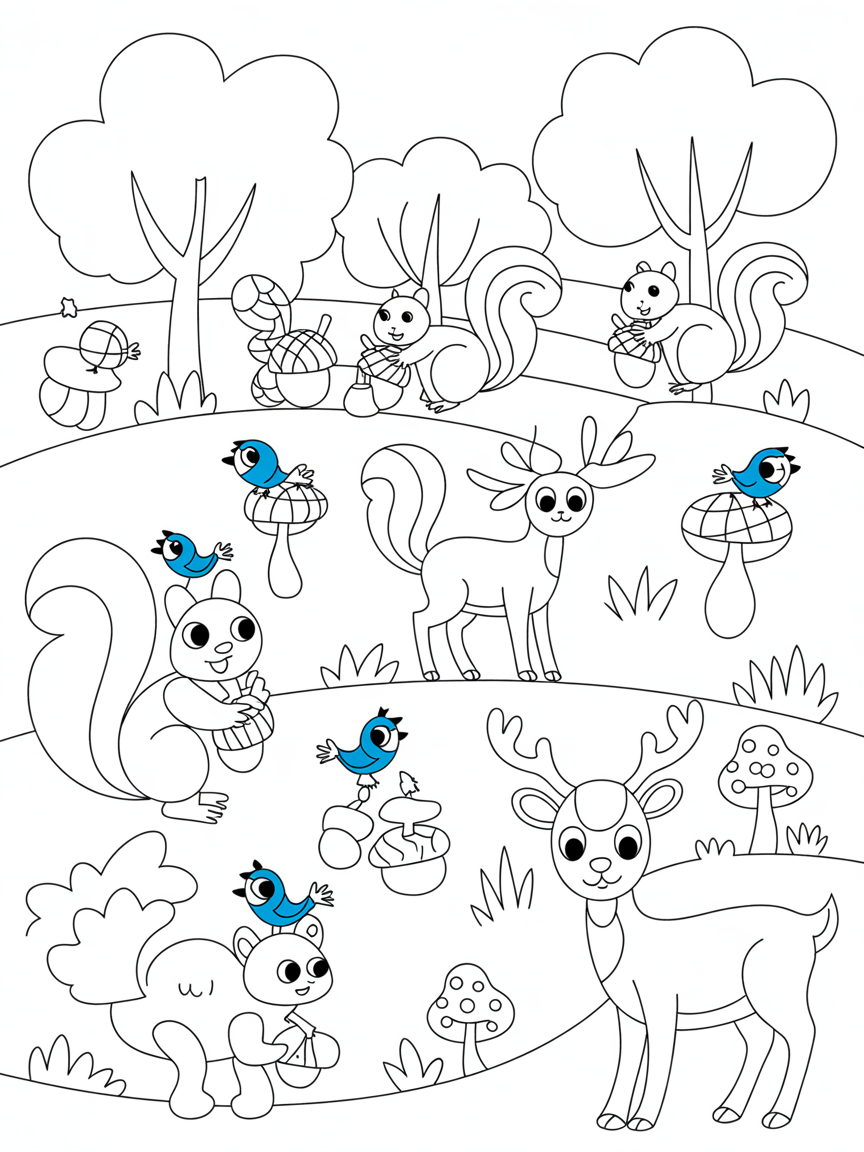 Acorns, toadstools, squirrels, woodland scene, deer, blue tits - Free Coloring Page