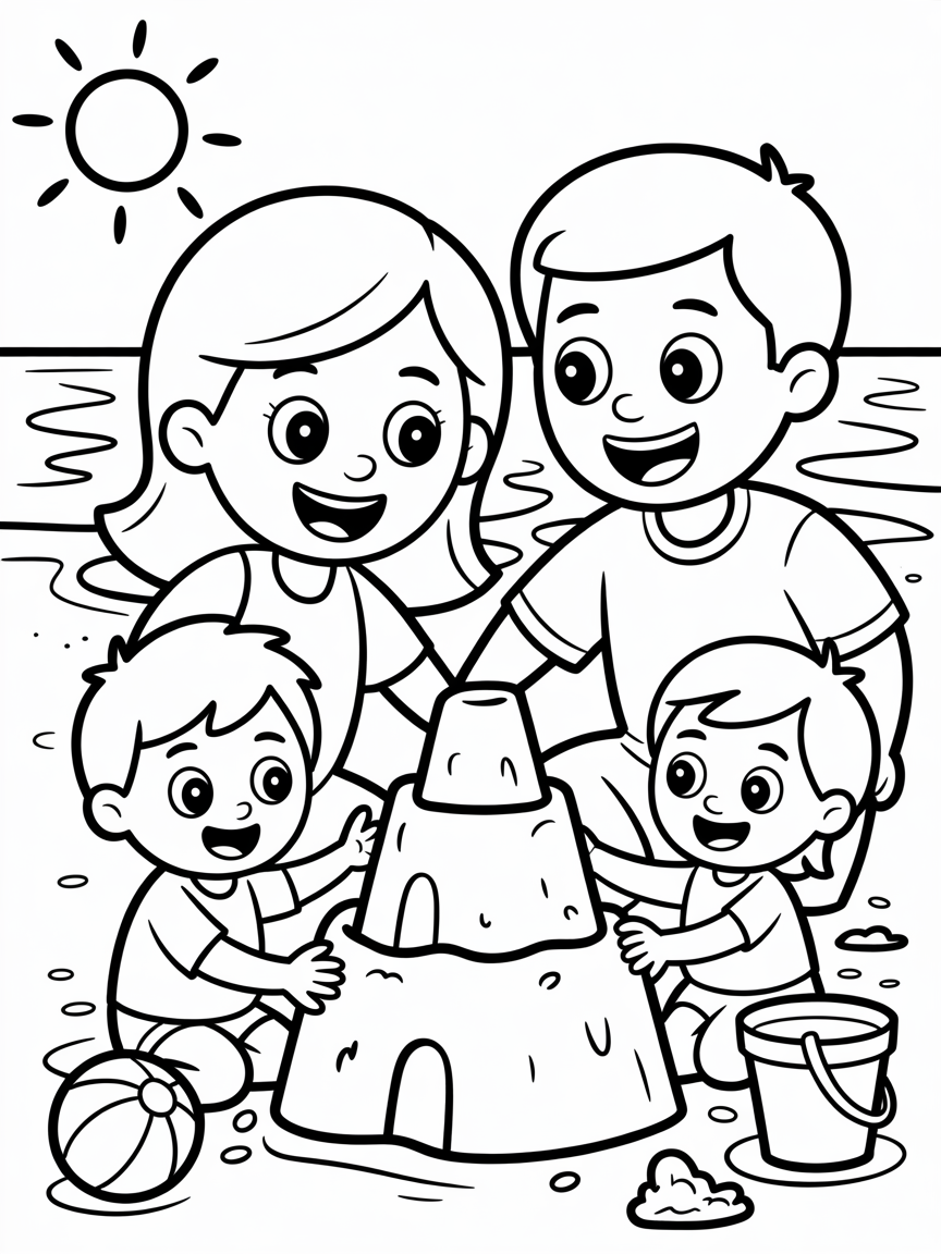 Family day at the beach - Free Coloring Page