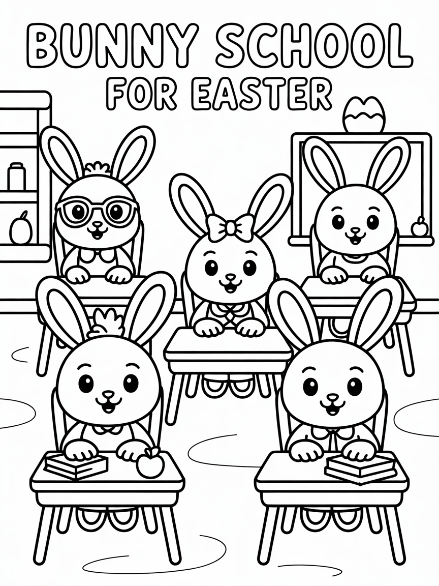 Bunny school for easter - Free Coloring Page