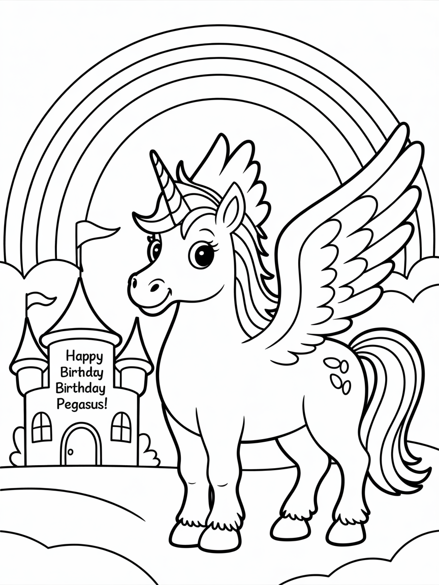 A pegasus unicorn with the words happy birthday Pegasus! And a castle with a rainbow above in the sky - Free Coloring Page