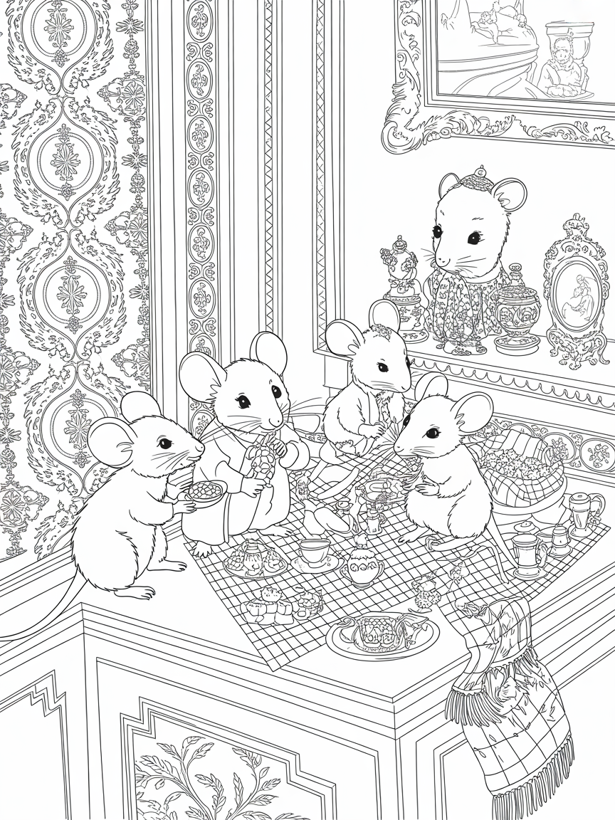 A family of mice having a picnic on the mantelpiece of an eighteenth century room - Free Coloring Page