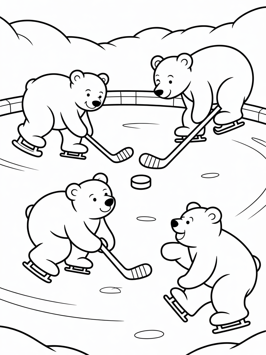 Polar bears playing ice hockey - Free Coloring Page