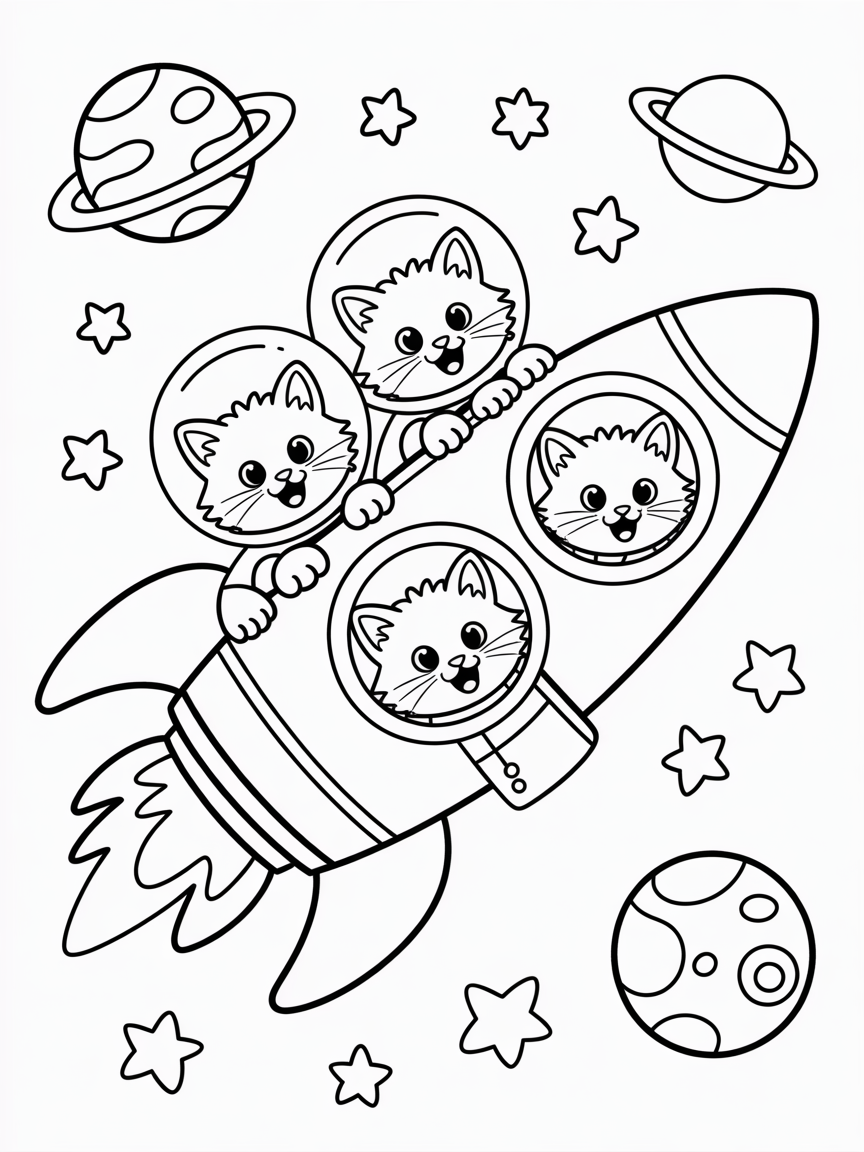Space kittens on a rocket ride - Free Coloring Page
