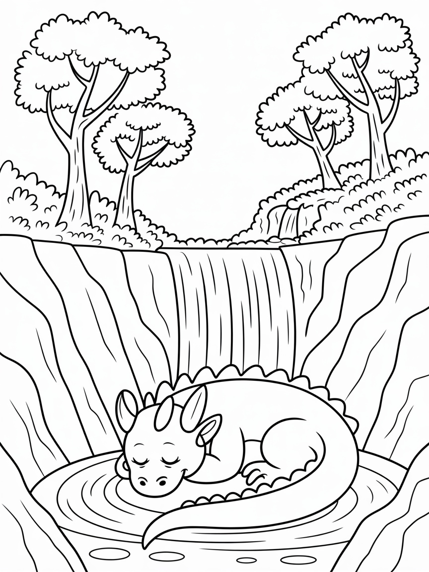 A dragon sleeping in a cove infront of a waterfall and with trees growing out of the stone walls around the dragon - Free Coloring Page