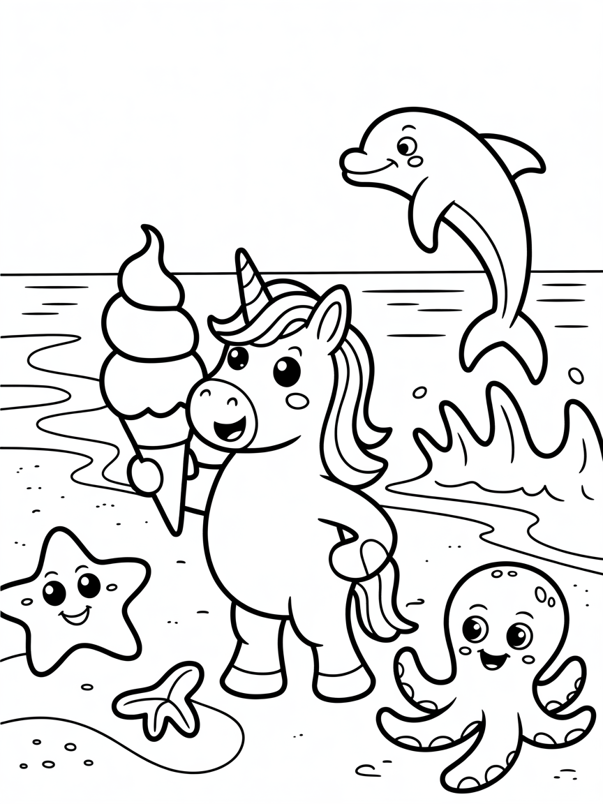 An unicorn with an ice cream cone in the beach surrounded by sea creatures - Free Coloring Page
