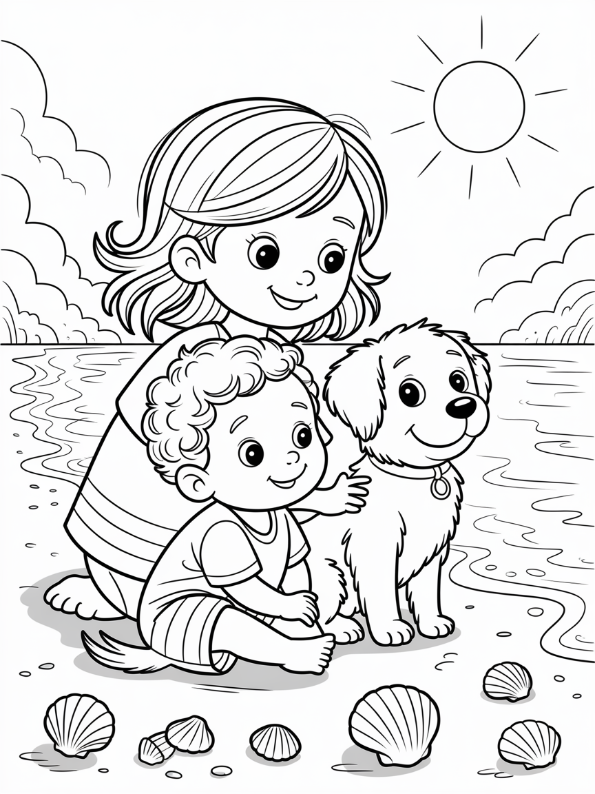 A picture of a petite 6 year old girl with long hair sitting at the beach with her younger 1 year old brother with curly hair and their small short haired dog with floppy ears. Watching the waves surrounded by glorious sands and shells on a sunny day. - Free Coloring Page