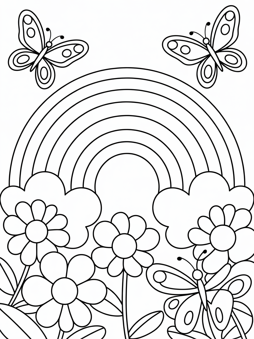 A rainbow with butterflies and flowers around - Free Coloring Page