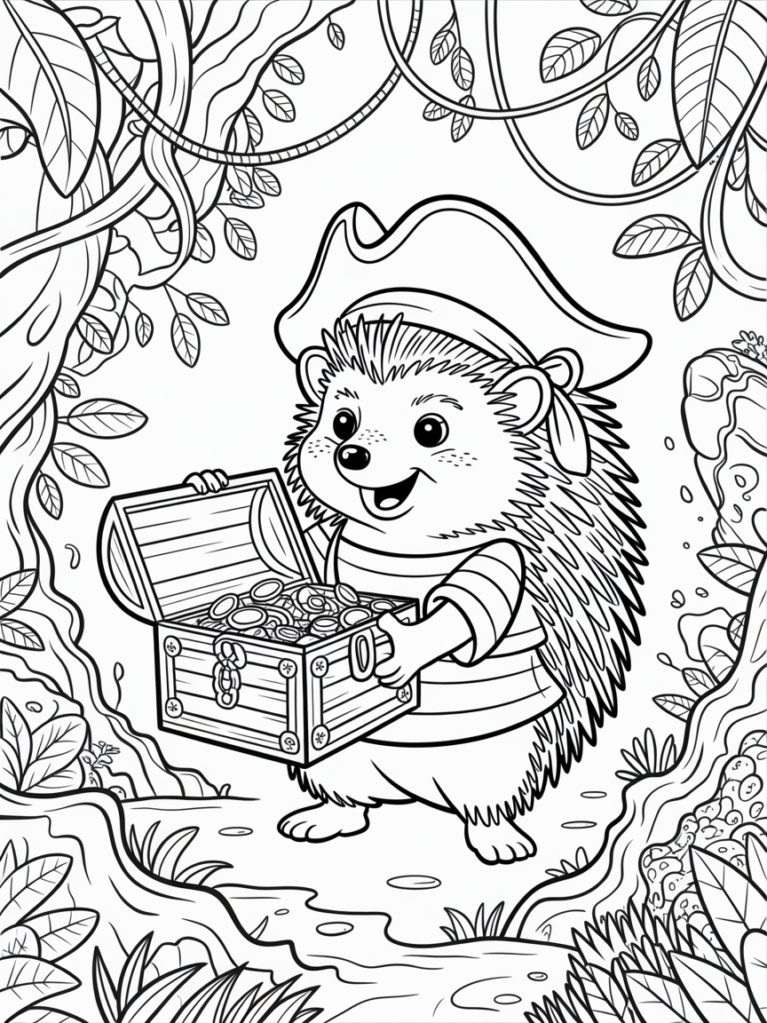 Hedgehog holding a pirate treasure - Free Coloring Page