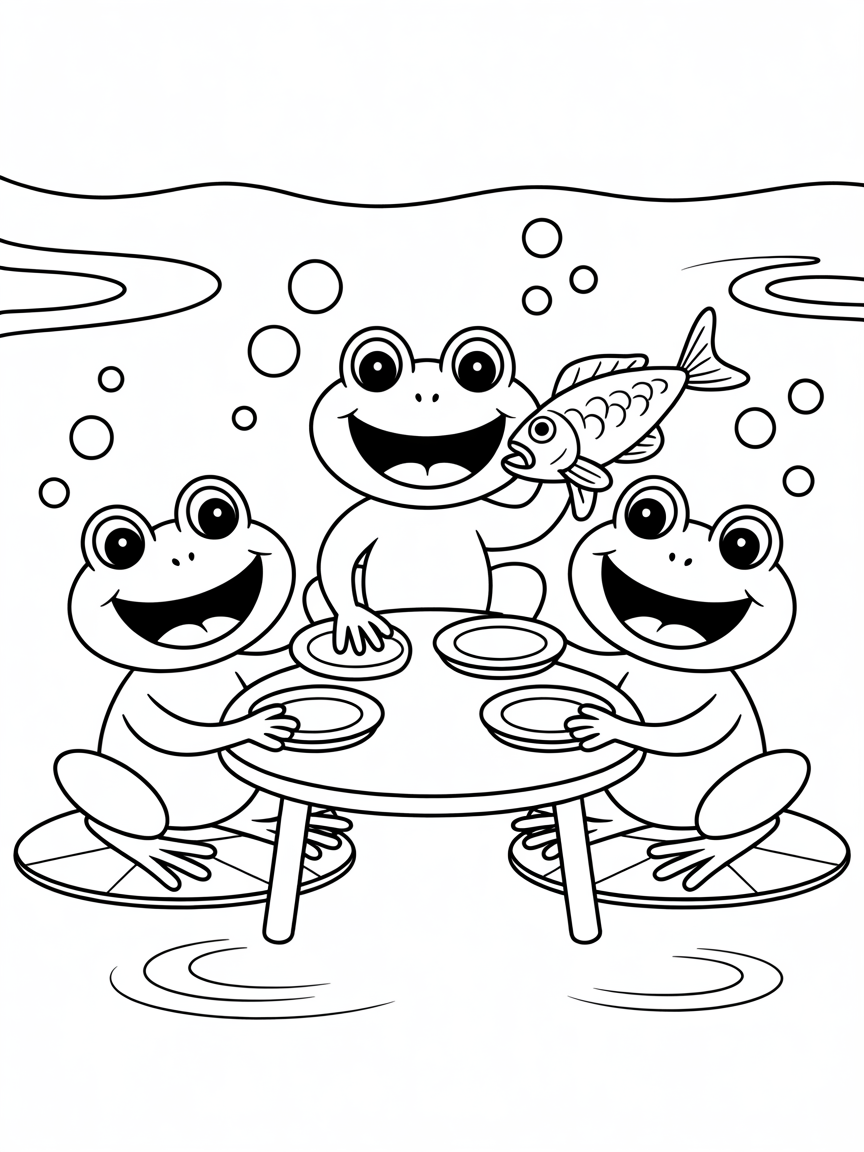 Frogs fish supper - Free Coloring Page