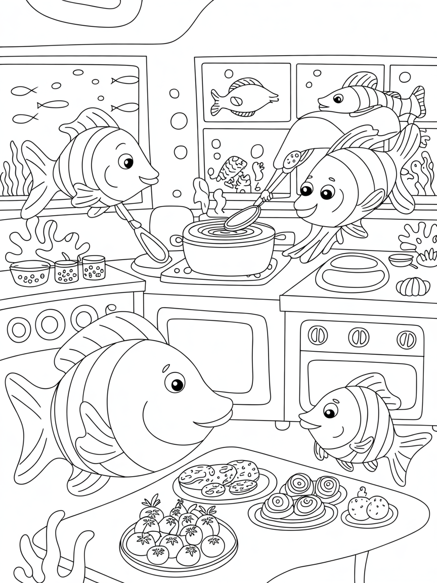 Tropical fish kitchen - Free Coloring Page