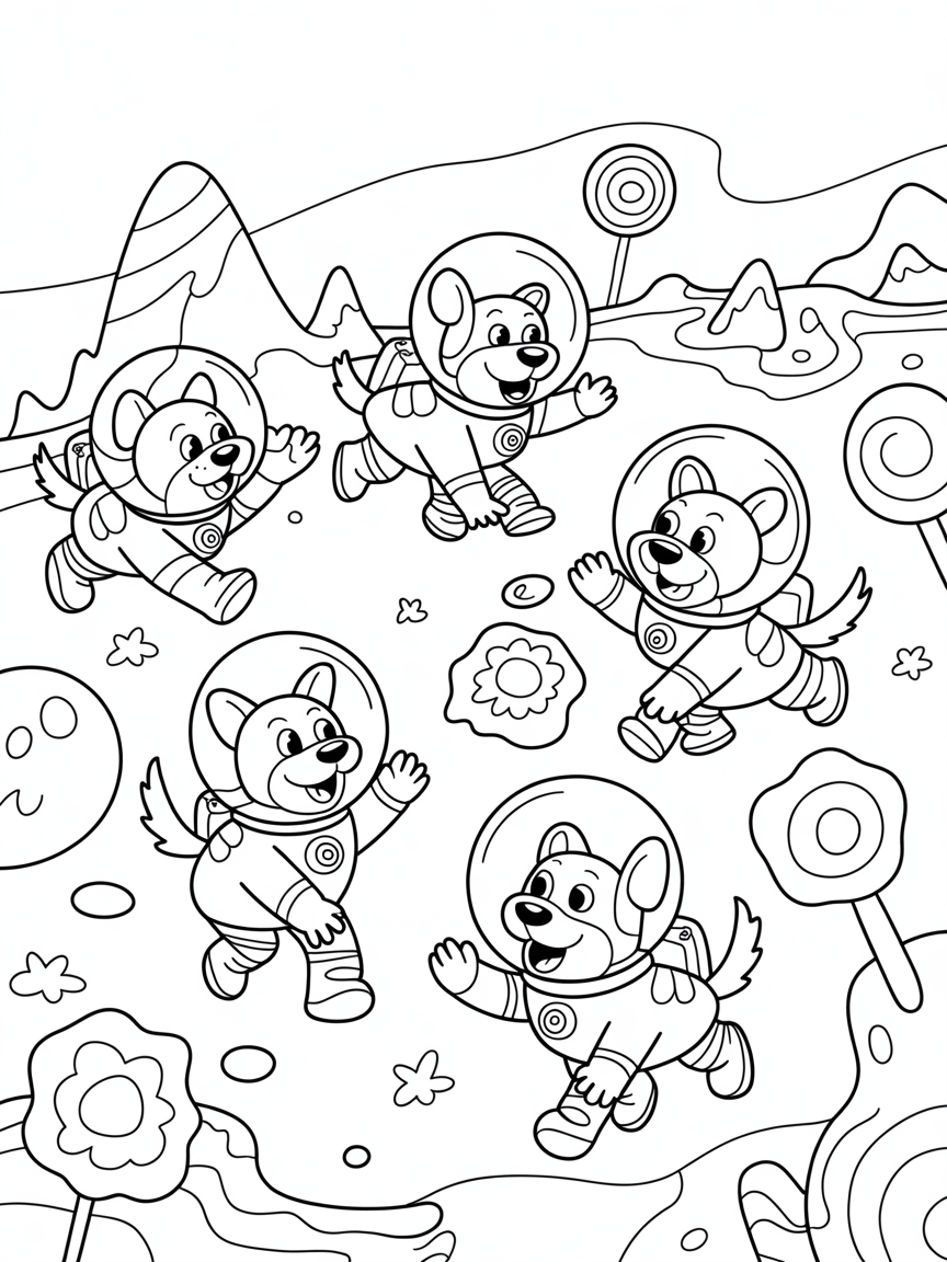 Astronaut dogs exploring candy planet - Free Coloring Page