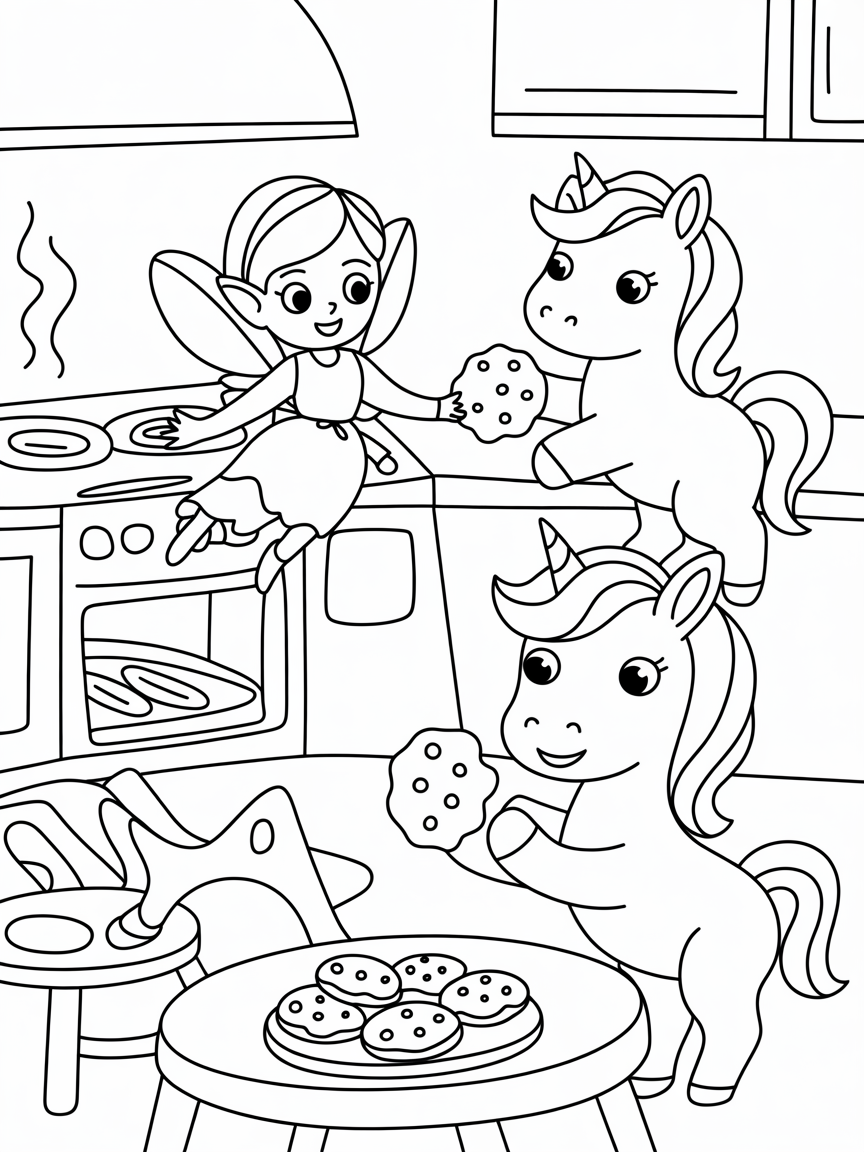 Fairy baking cookies with unicorns - Free Coloring Page