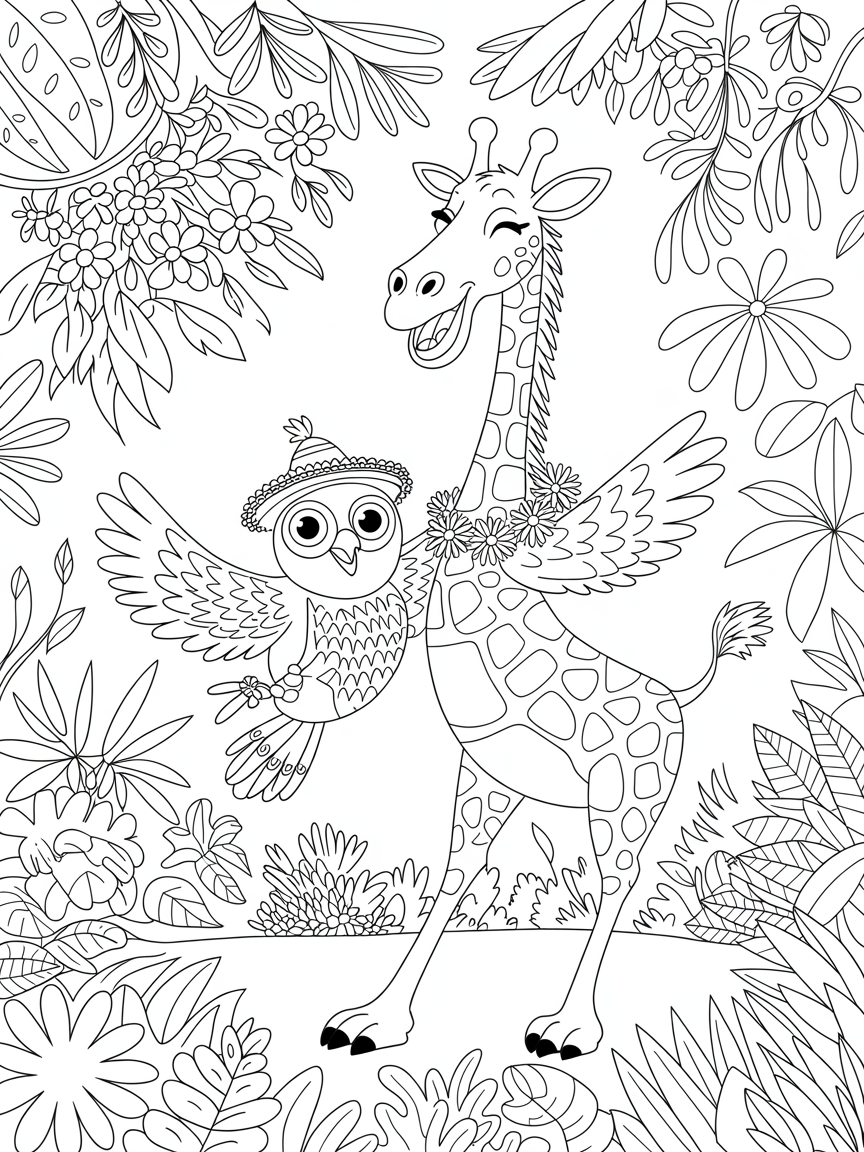 A friendly owl dansing the samba with his best friend the giraffe - Free Coloring Page