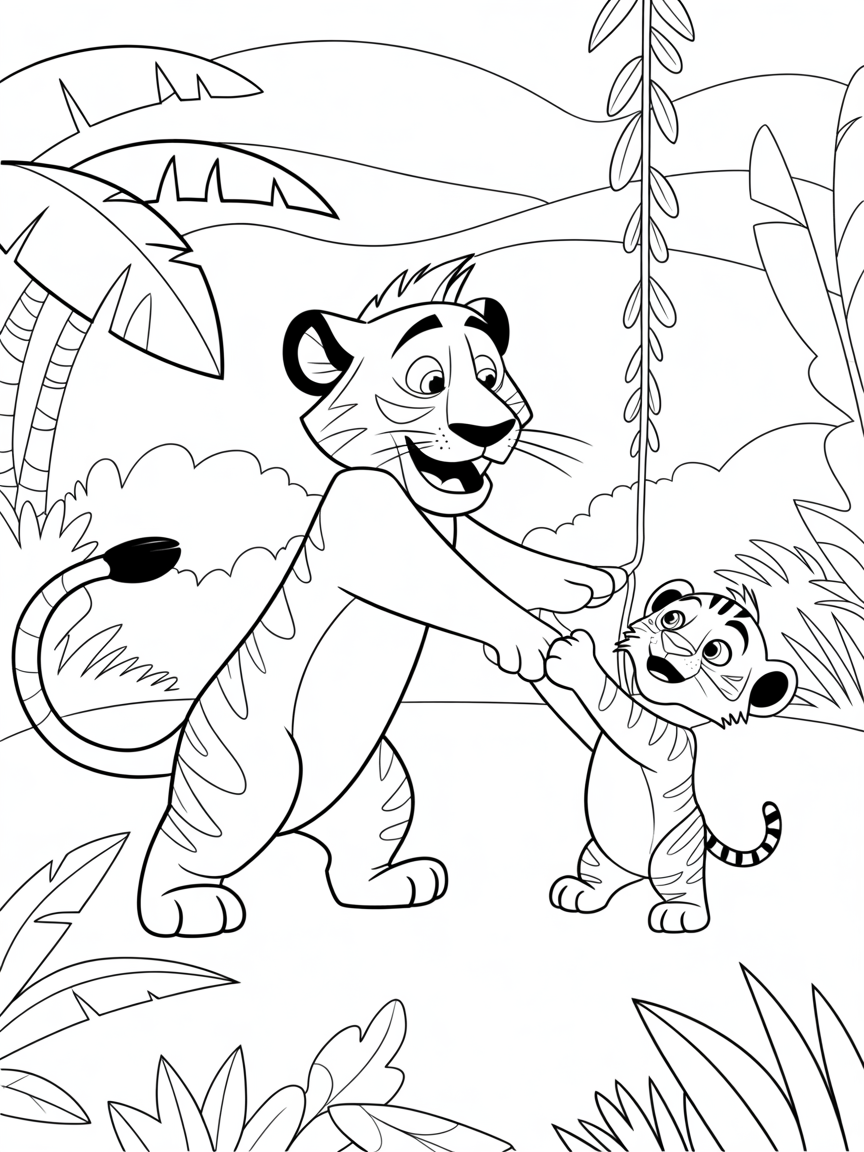 Alex the lion from Madagascar movie and a baby tiger - Free Coloring Page