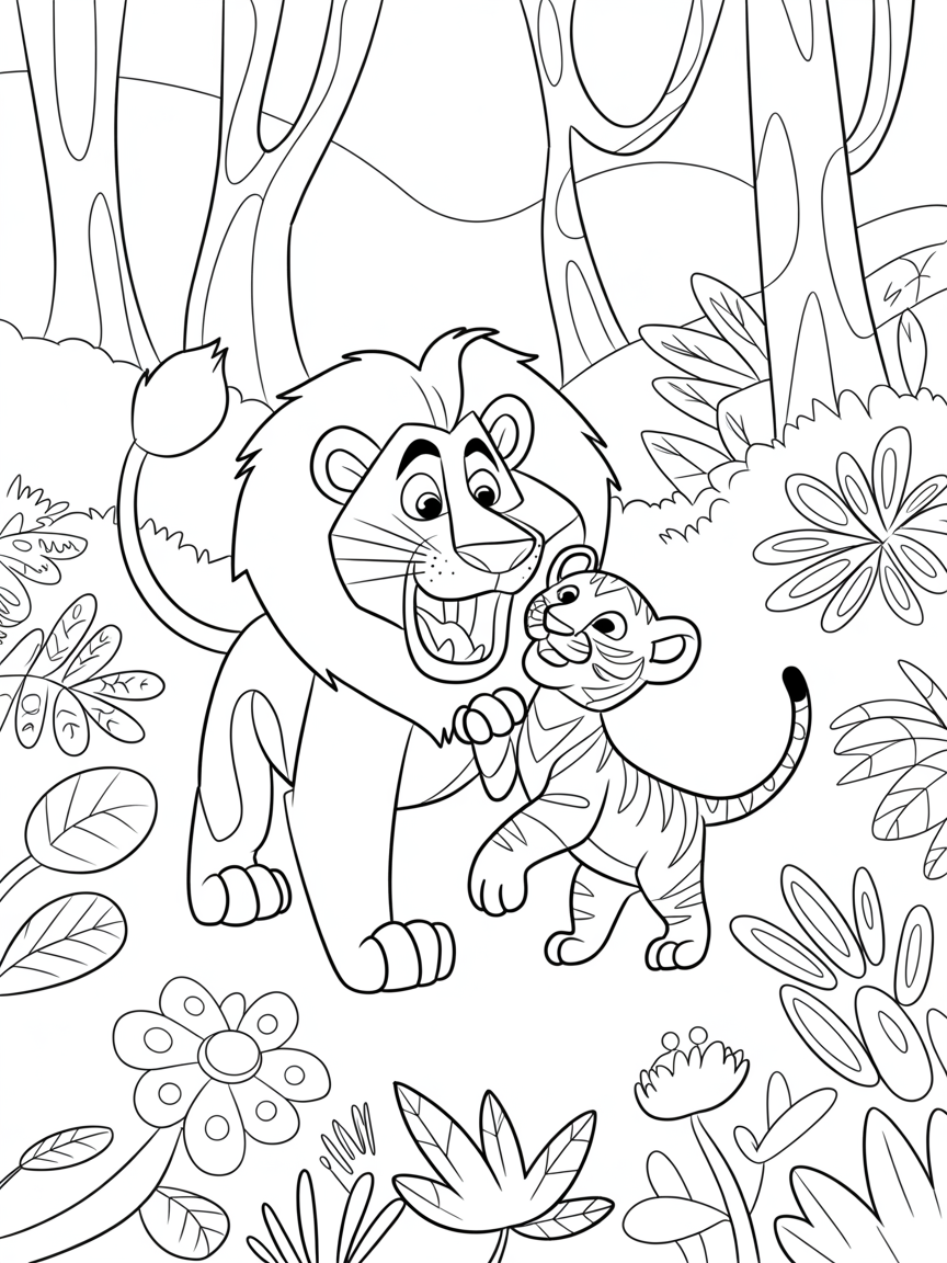Alex the lion from Madagascar the movie and a baby tiger - Free Coloring Page