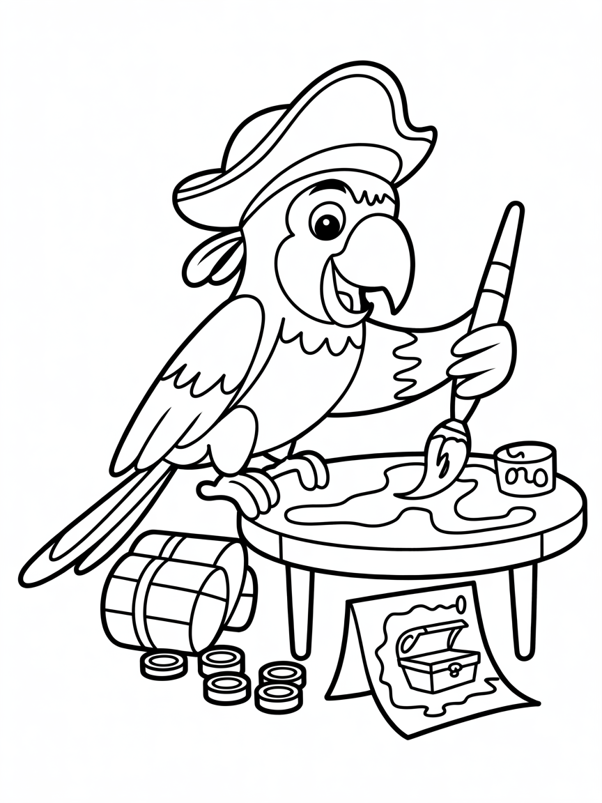 Pirate parrot painting a treasure map - Free Coloring Page
