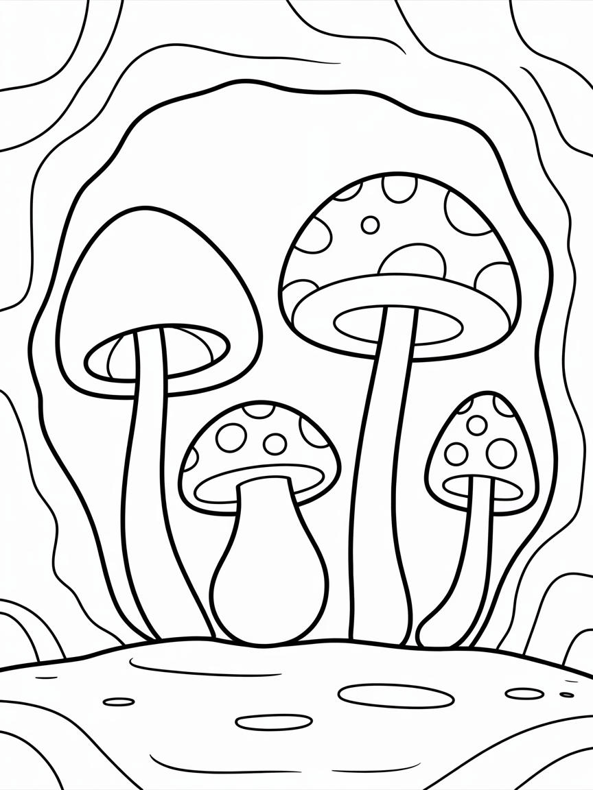 Growing Mushrooms in a luminous cave - Free Coloring Page