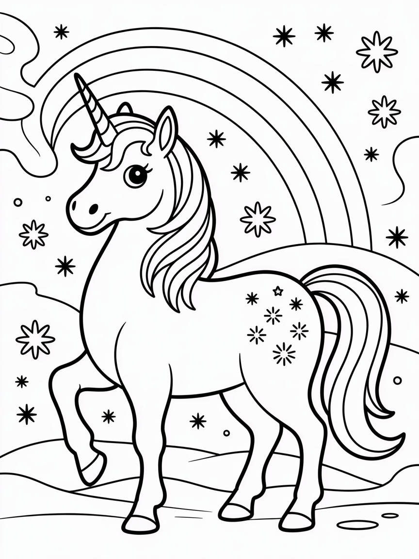 Unicorn with rainbow in the spaceglow with sparkling snowflakes, constellations on its shimmering coat and a flowing rainbow mane and tail, Frozen-style fantasy - Free Coloring Page