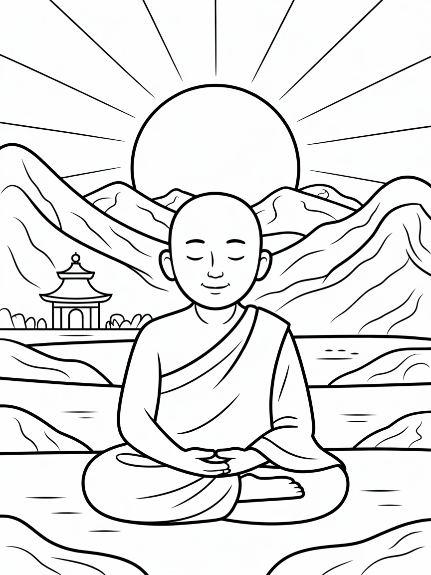 Monk meditating in the mountains at sunrise by a temple - Free Coloring Page