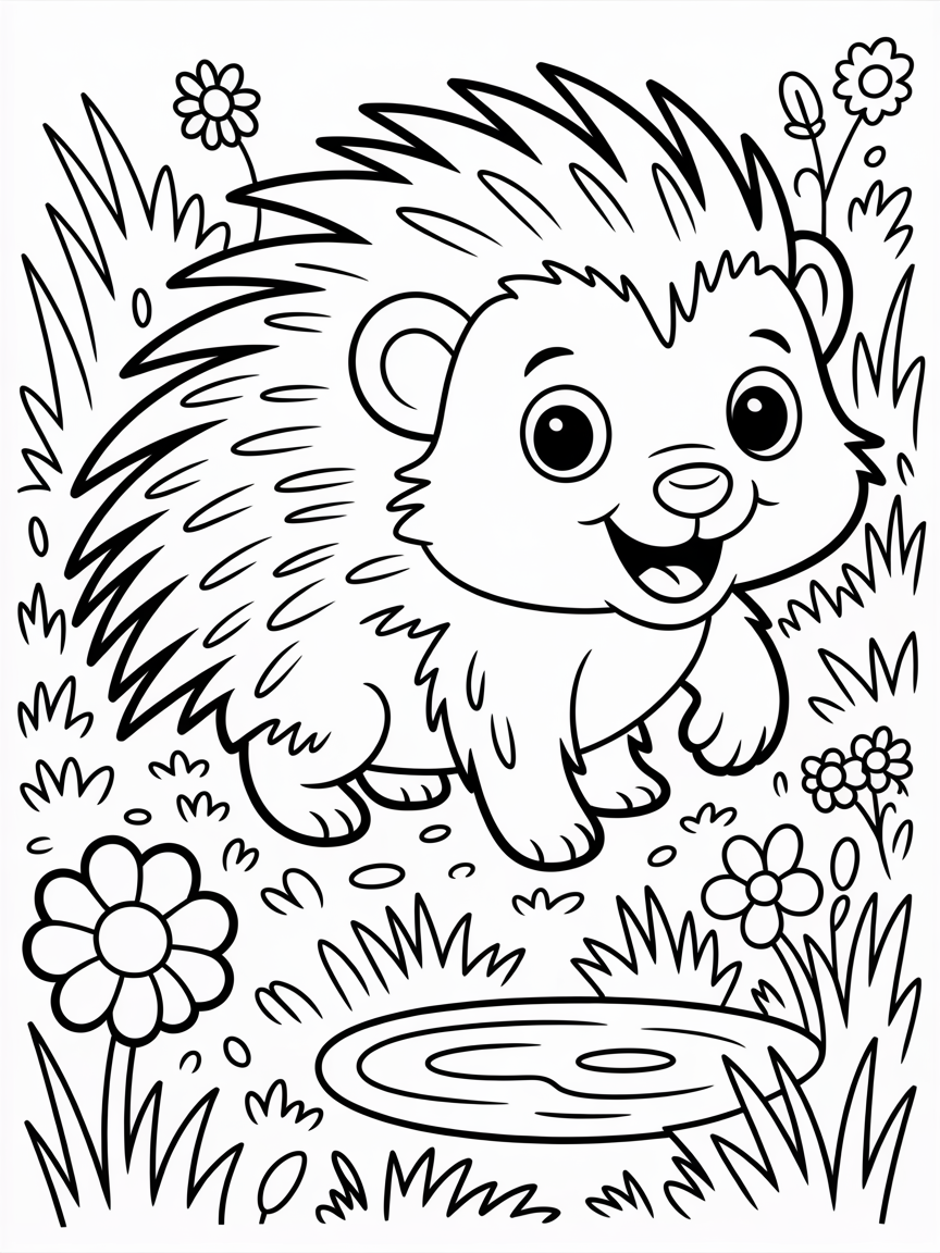 A porcupine with colors green and yellow smoothly blending. The background is a lush meadow with a water spring. - Free Coloring Page