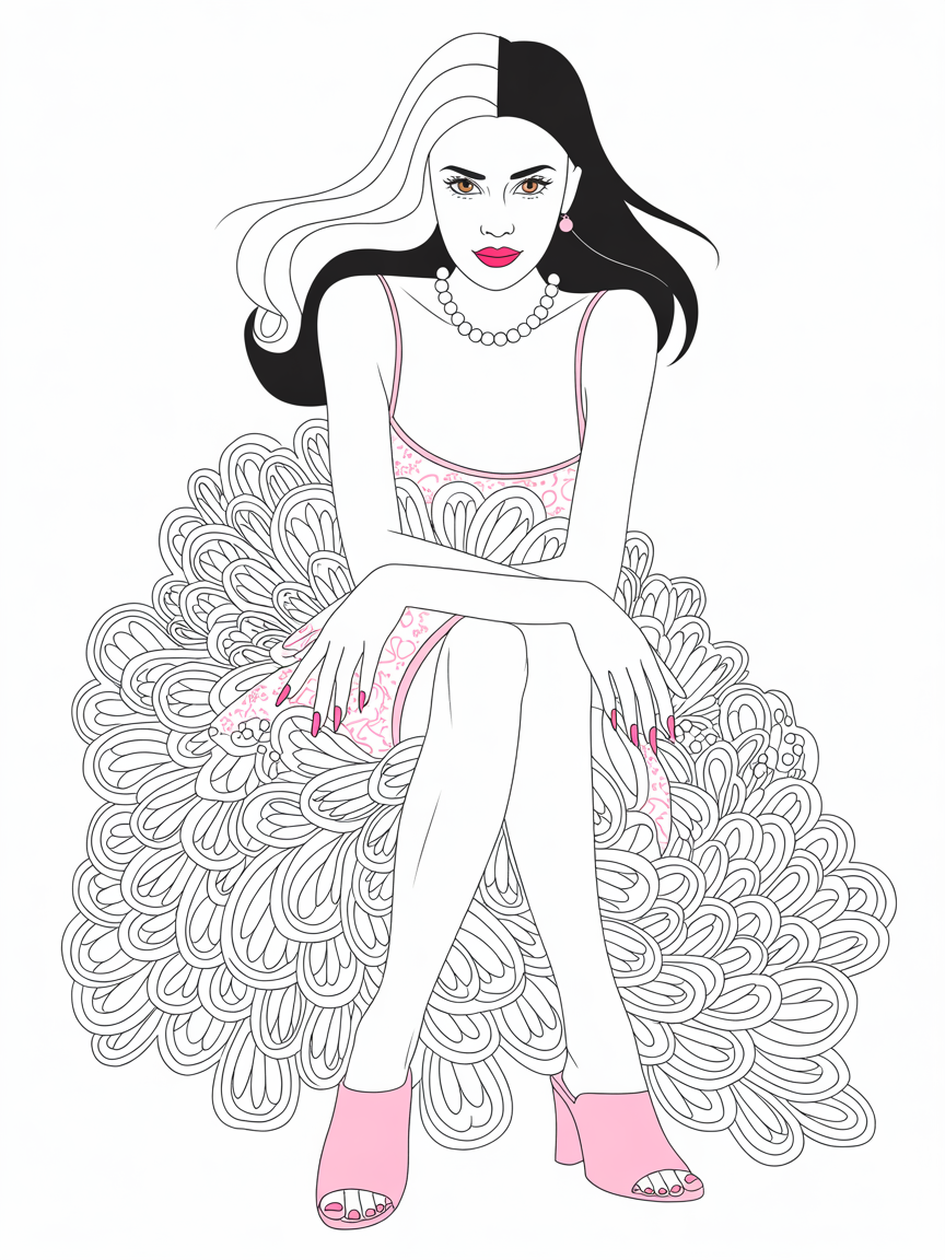 A tall, thin woman with long black hair and brown eyes. She is wearing a white pearl necklace, red lipstick, a pink dress with two thin straps over the shoulders, and a pair of pink low heel open toe mules. Her fingernails and toenails are pink. - Free Coloring Page