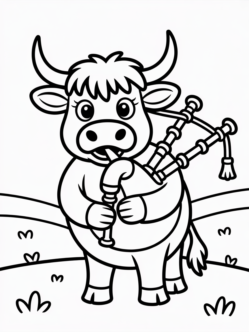 Highland cow with horns and bagpipes - Free Coloring Page