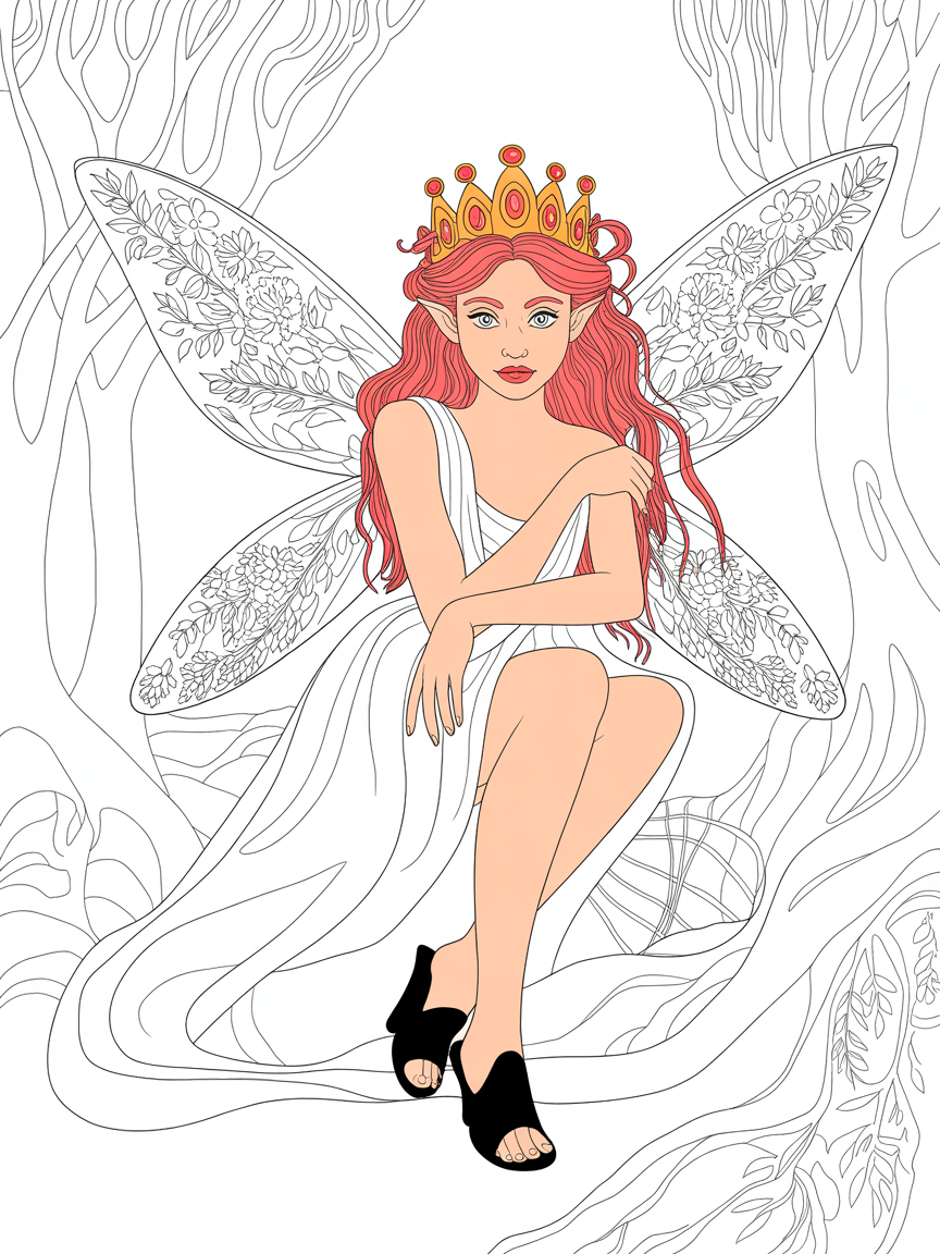 The fairy queen. She has peach coloured skin, rich red hair and pretty eyes. She wears a white Athenian dress and black open toe mules. She has a golden crown with rubies sticking out of it. - Free Coloring Page