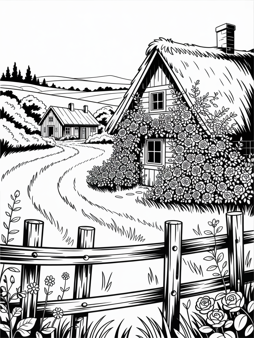 Country side old farm long green grass red farm buildings old thatched cottage with overgrown roses - Free Coloring Page