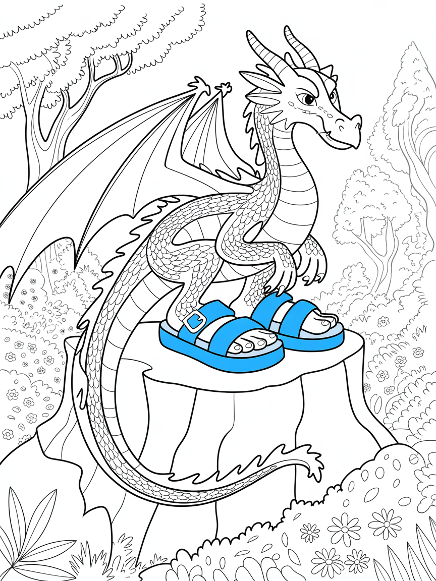 A dragon wearing blue platform sandals - Free Coloring Page