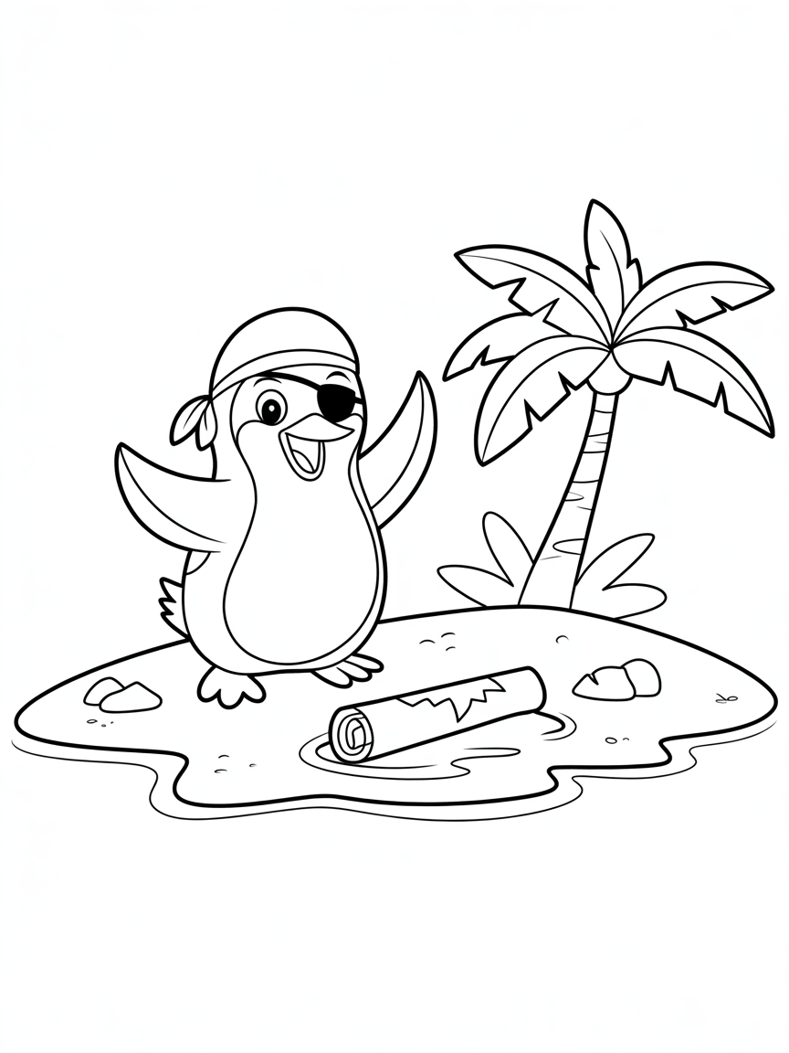 Pirate penguin discovering a treasure map - Free Coloring Page