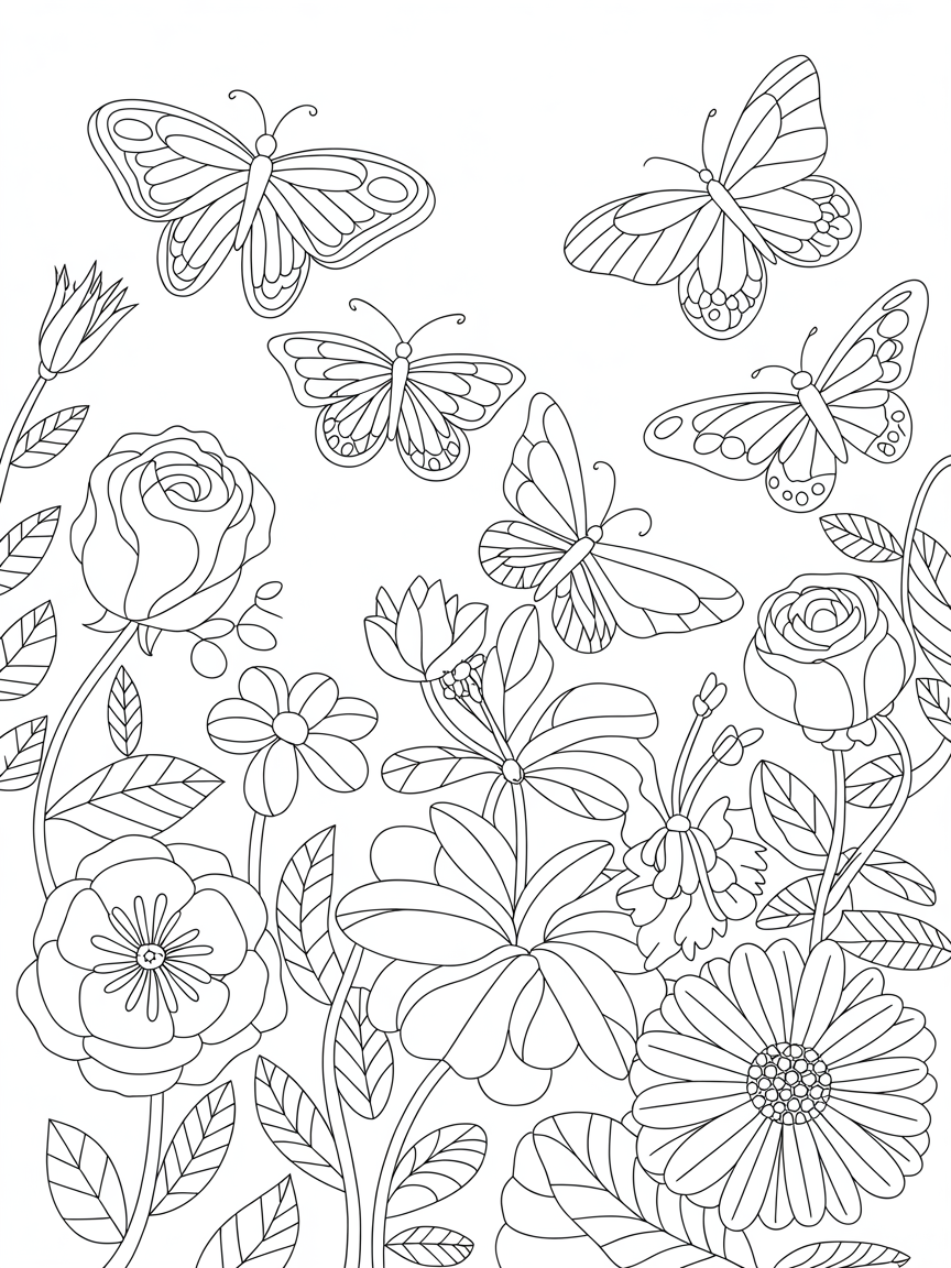 Butterflys ln flowers - Free Coloring Page