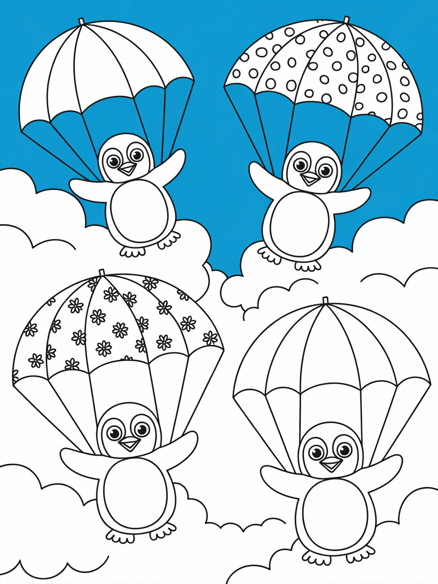 Parachuting penguins with colorful umbrellas - Free Coloring Page