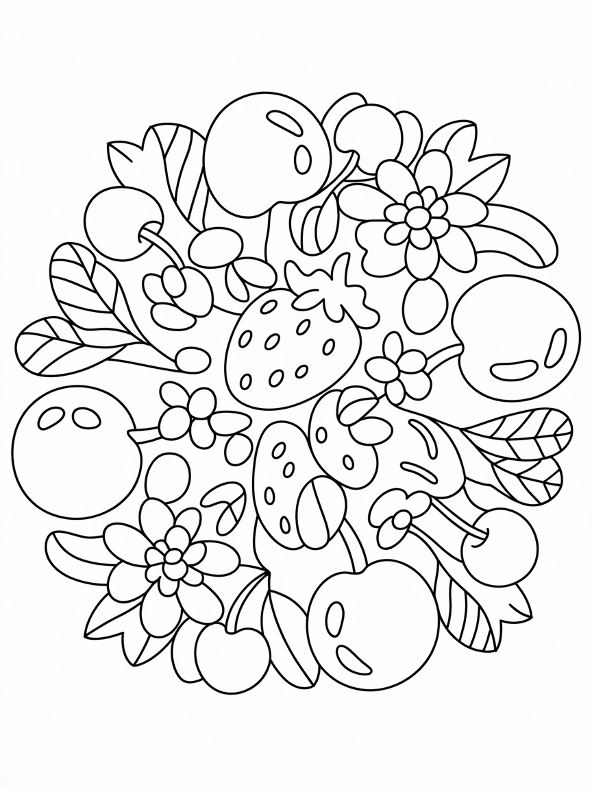 Strawberry and cherry mandala featuring fruits and flowers - Free Coloring Page