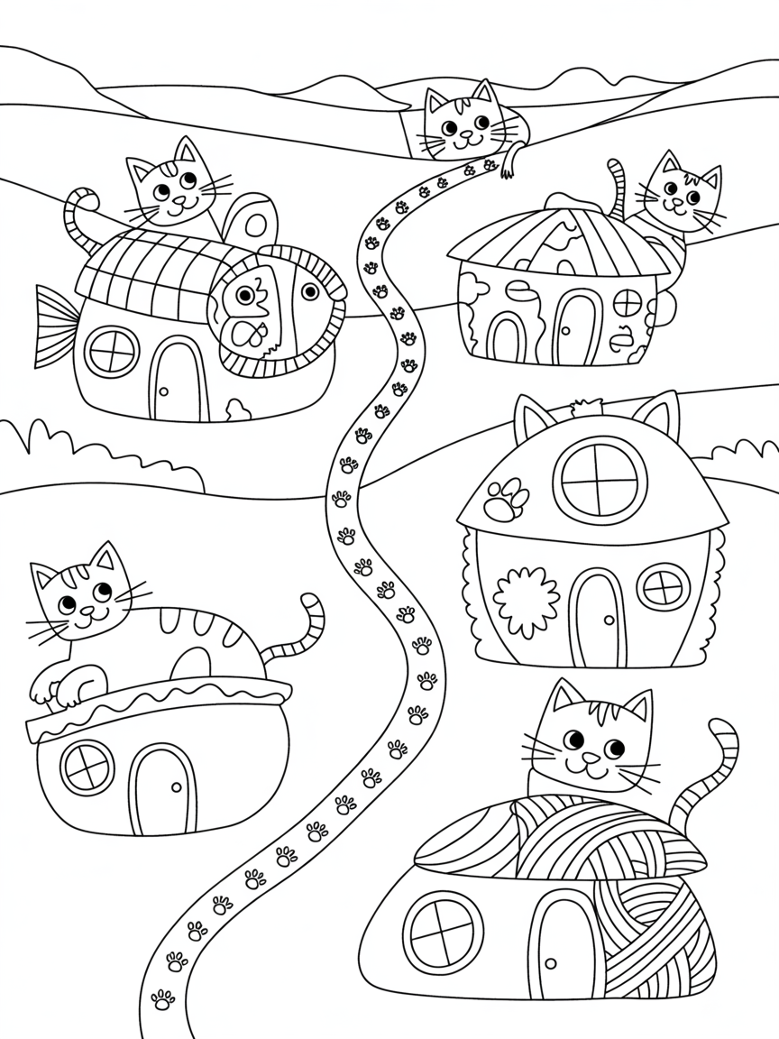 Cat crazy town - Free Coloring Page