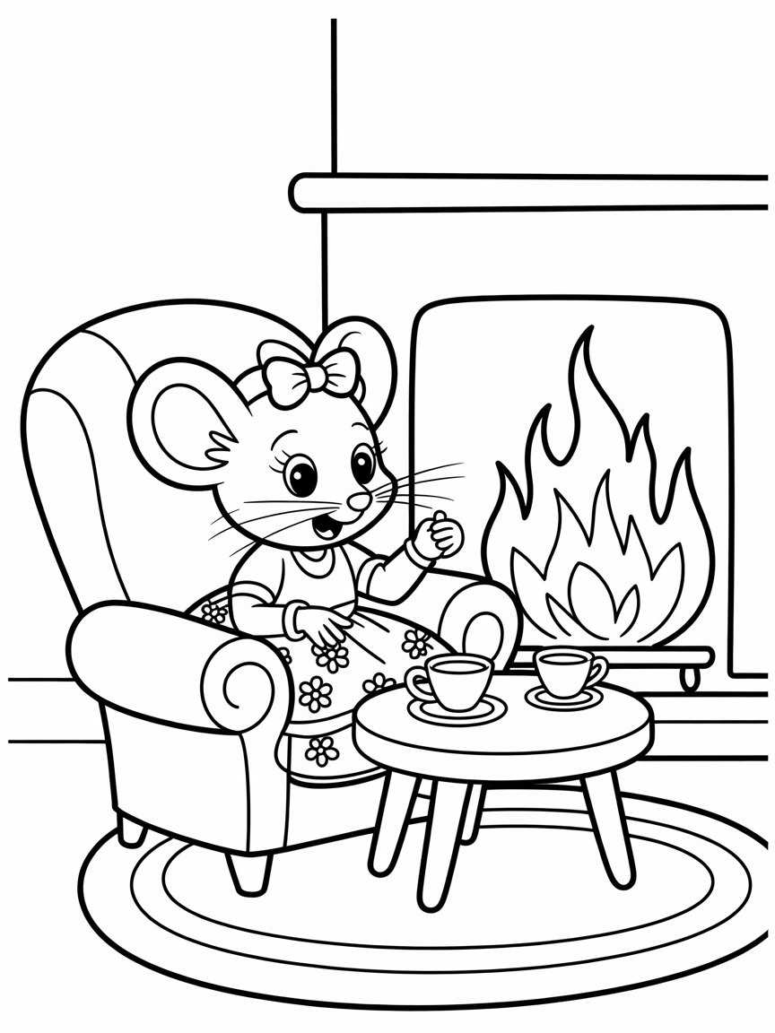 A cute feminine mouse having a cup of tea in an easy chair by the fireplace - Free Coloring Page