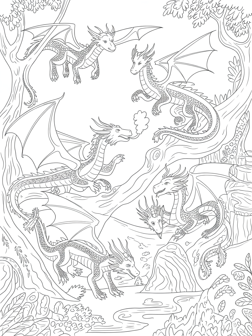 Dragons playing together - Free Coloring Page