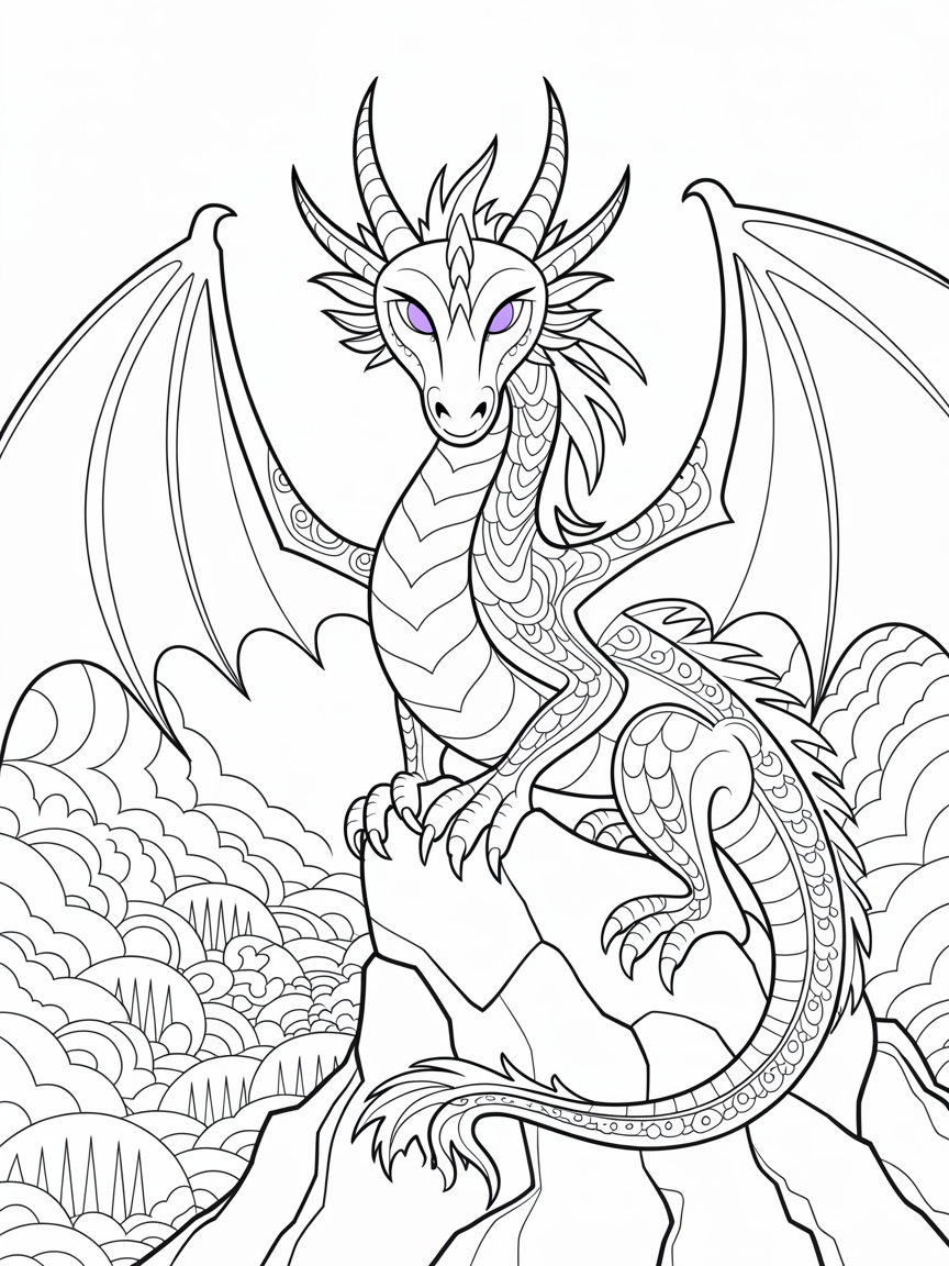 A silver coloured dragon with purple eyes. - Free Coloring Page