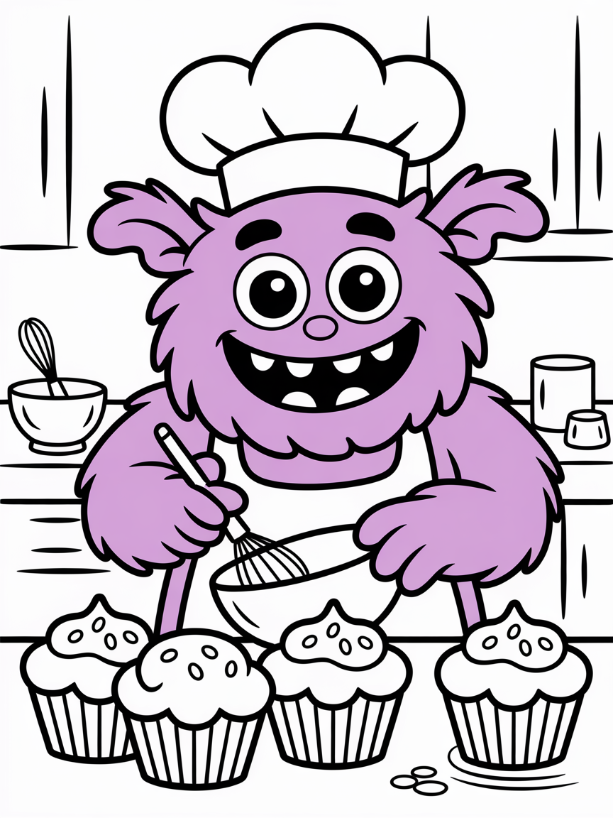 A friendly monster baking cupcakes - Free Coloring Page