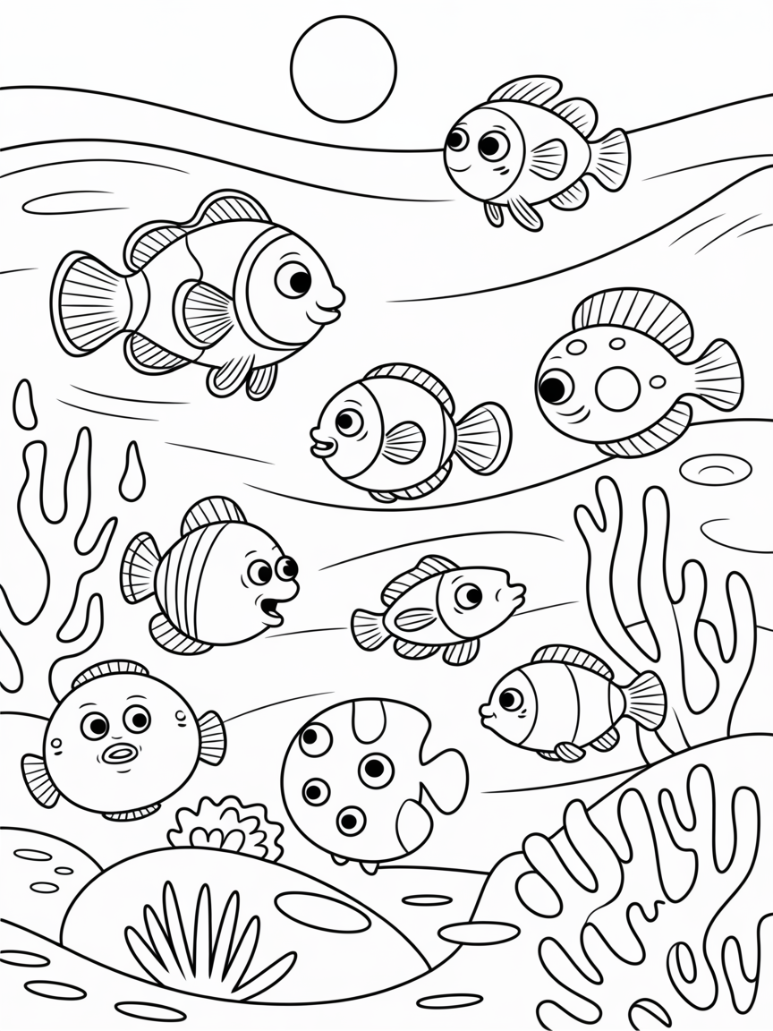 Tropical fish ocean scene - Free Coloring Page
