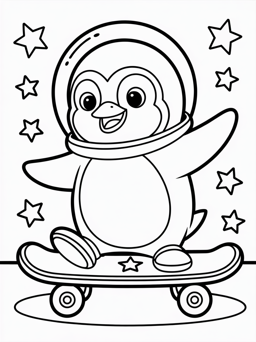 Space penguin on a skateboard - Free Coloring Page