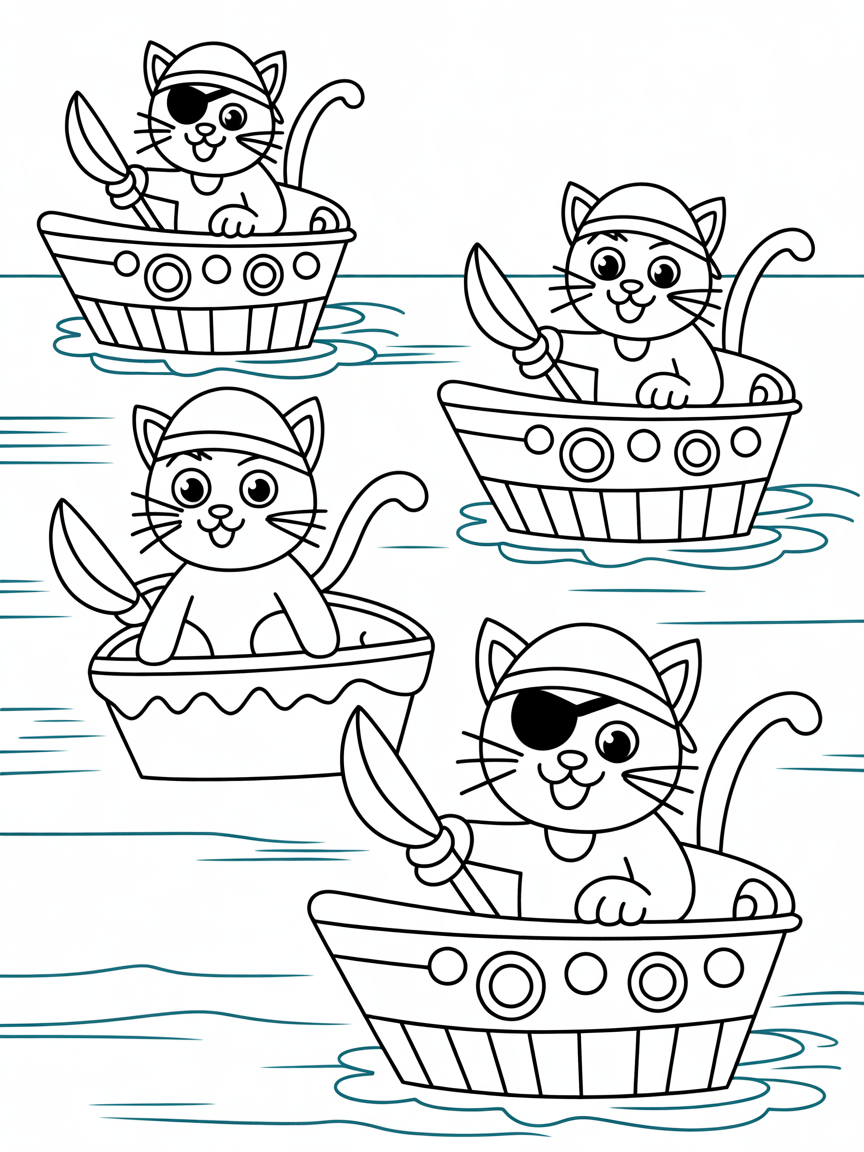 Pirate cats sailing cupcake ships - Free Coloring Page