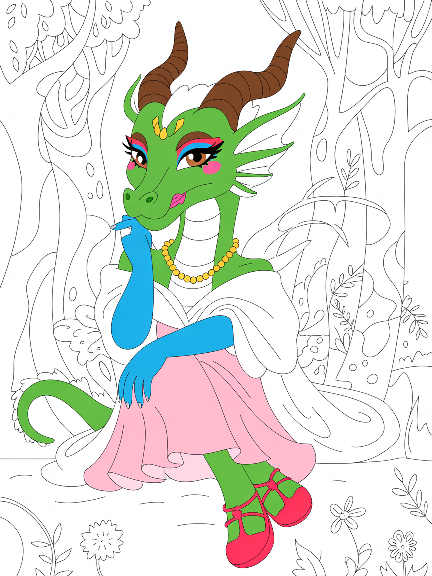 A green dragon with brown horns. She has brown eyes, blue eyeshadow and pink lipstick. She is wearing a gold pearl necklace, long blue gloves, a pink frilly skirt and red Mary Jane sandals. - Free Coloring Page