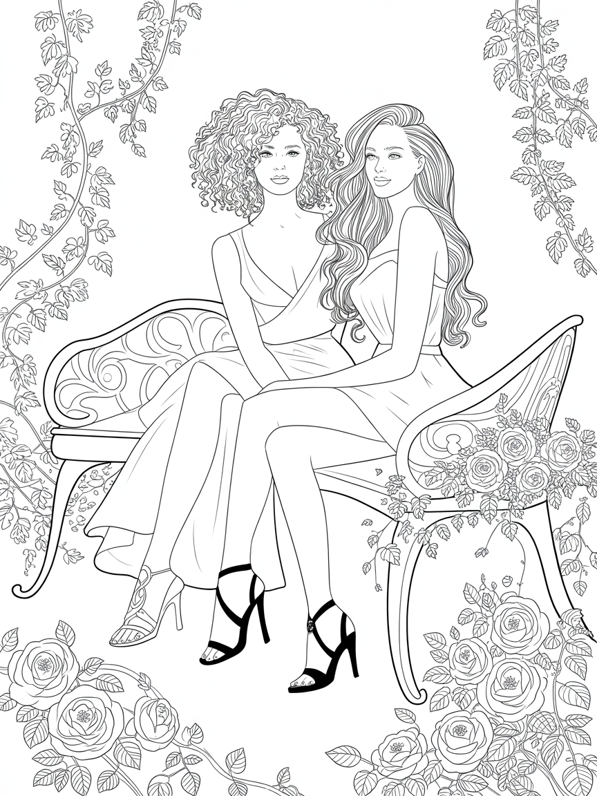 Two women in blue dresses and black high heels with straps. One of them has blond, curly hair, and the other has long brown hair. . - Free Coloring Page