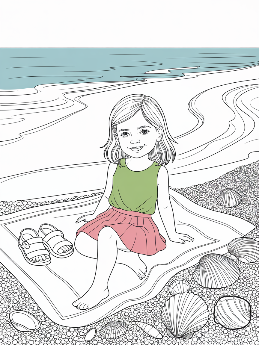 A young girl sitting down on a towel on the beach. She is wearing a green sleeveless shirt and a pink pleated mini skirt. Beside her is a pair of black open toe sandals. - Free Coloring Page